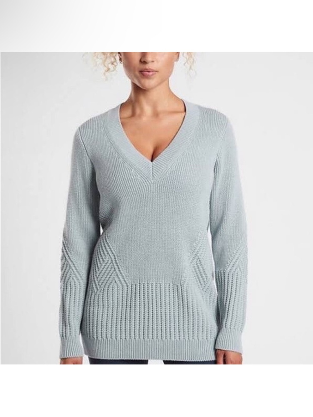 Athleta Powder Blue V-Neck Cable Knit Sweater